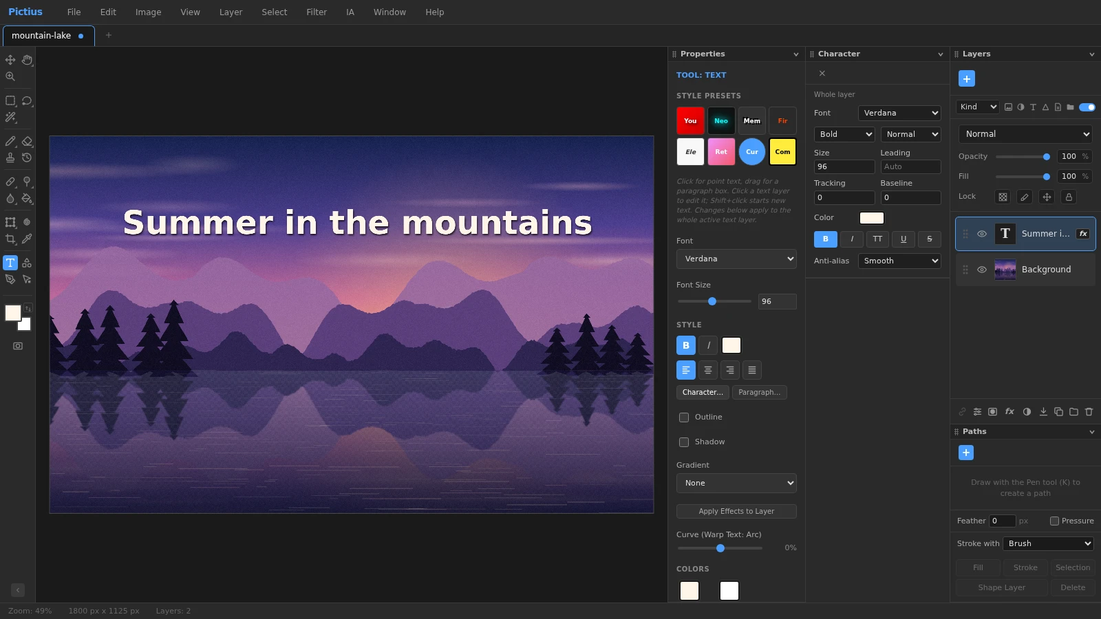 Pictius with a title typed over a mountain landscape, the Text tool options in the Properties panel and the Character panel showing font, size, tracking and color.
