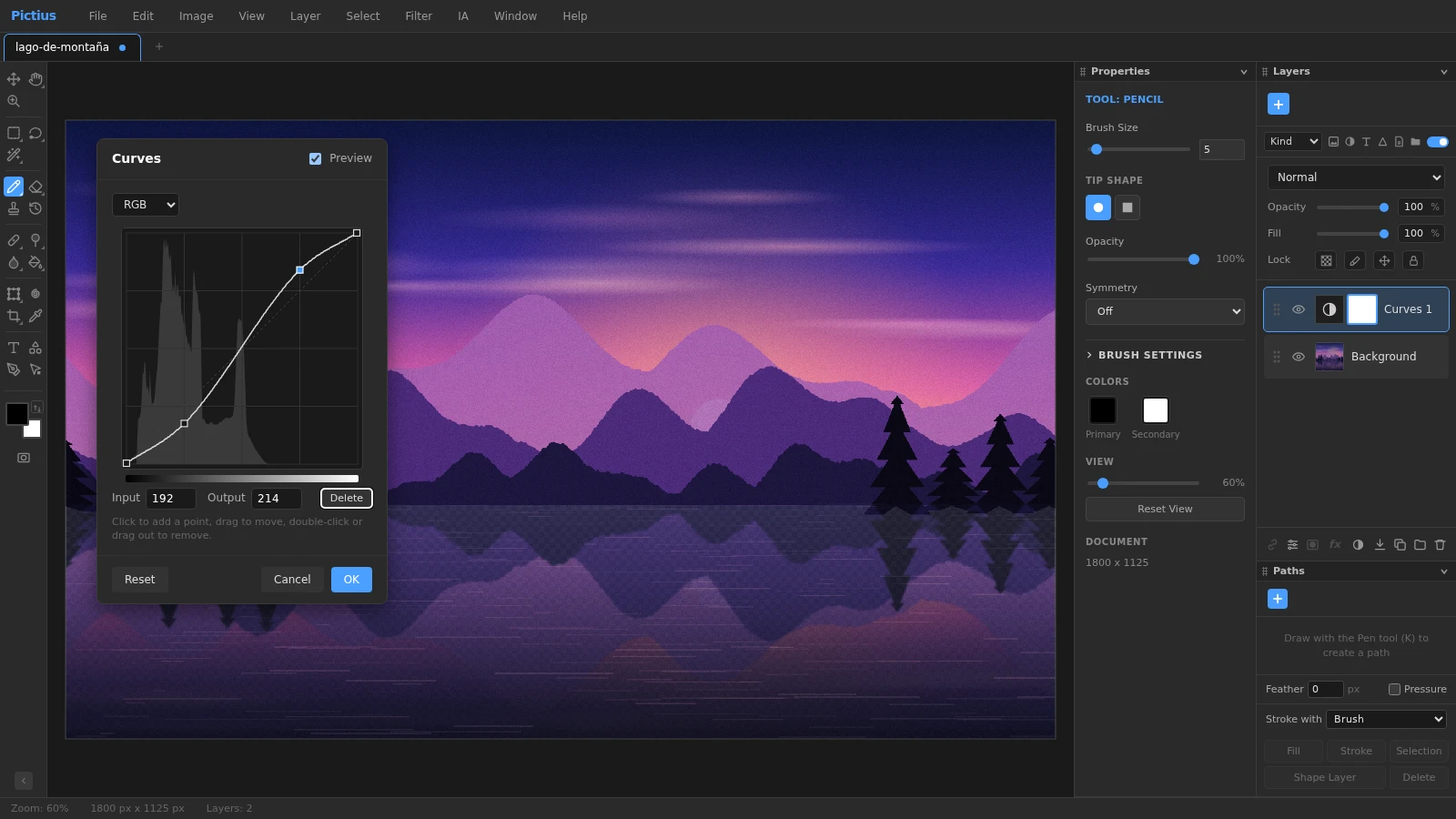 El diálogo Curves de Pictius con una curva en S suave sobre el histograma, que da contraste a una foto de paisaje, y una capa de ajuste Curves en el panel Layers.