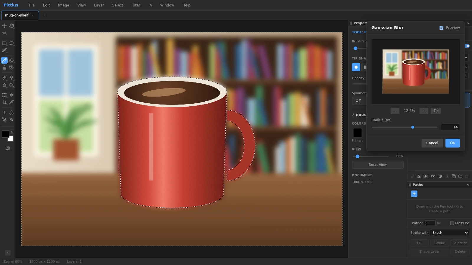 A product photo in Pictius with the background selected and the Gaussian Blur dialog previewing a soft blur behind a sharp subject