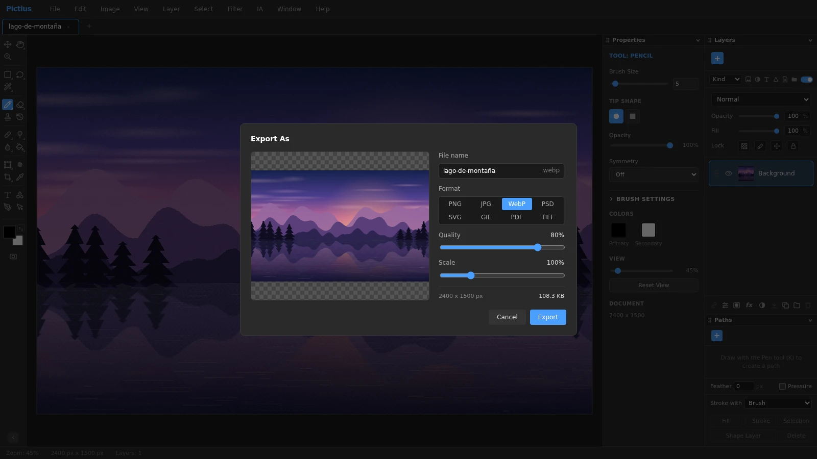 El diálogo Export As de Pictius con WebP seleccionado, los controles Quality y Scale, el tamaño de salida en píxeles y el peso estimado del archivo