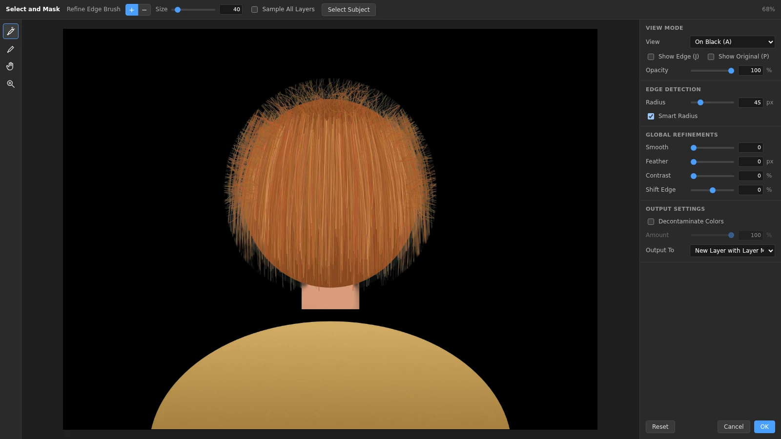 The Select and Mask workspace in Pictius showing a person seen from behind with flyaway hair on the On Black view, with Radius, Smart Radius and Output To set to New Layer with Layer Mask