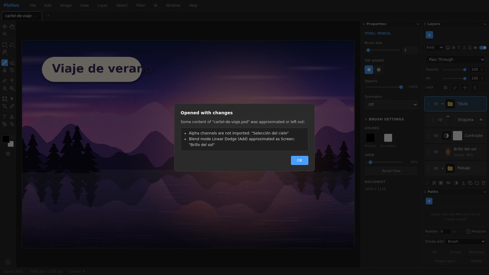 Un archivo PSD abierto en Pictius, con sus grupos, una capa de ajuste y efectos en el panel Layers, y el informe Opened with changes con lo que se ha aproximado.