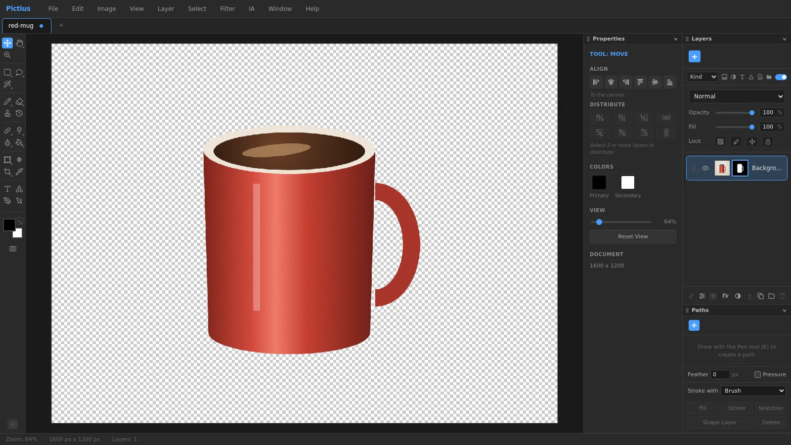A red mug in Pictius with its background hidden by a layer mask, shown as a transparent checkerboard, and the mask thumbnail in the Layers panel