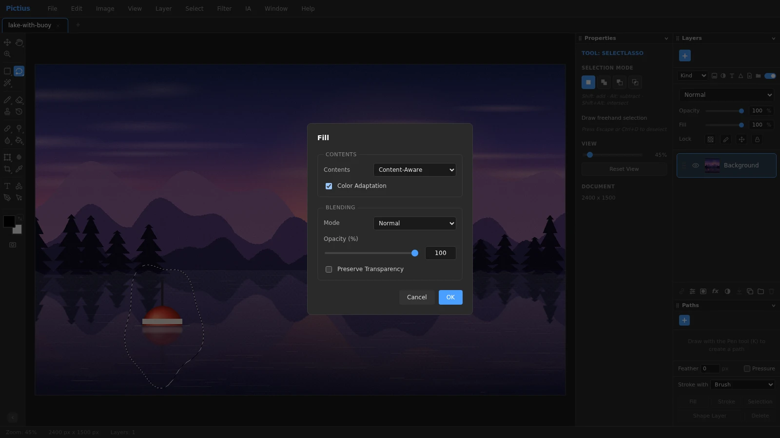 A mountain lake photo in Pictius with a selection around a buoy and the Fill dialog set to Content-Aware