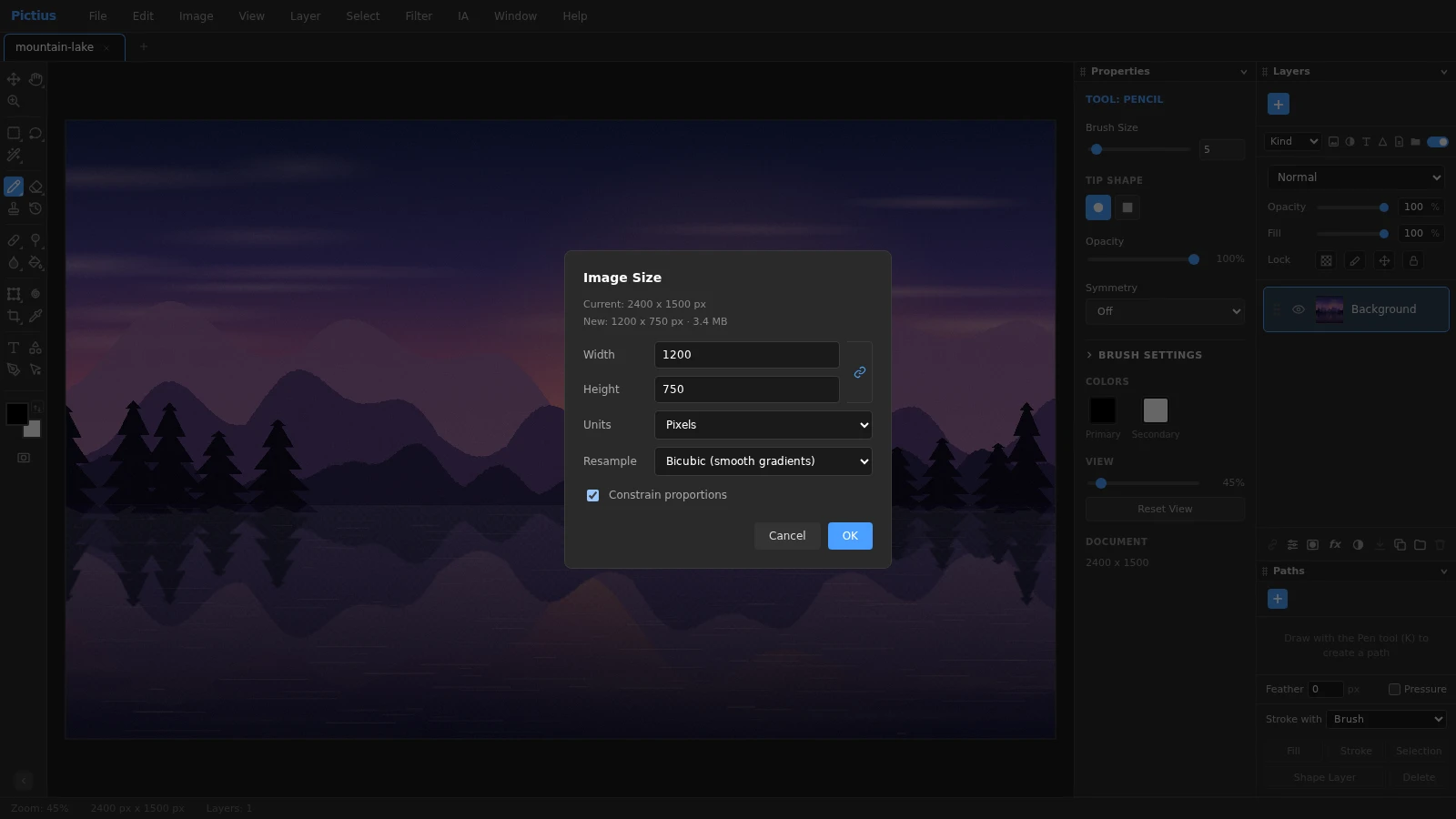 The Image Size dialog in Pictius over a mountain lake photo, with a new width of 1200 pixels, the height linked and Bicubic resampling