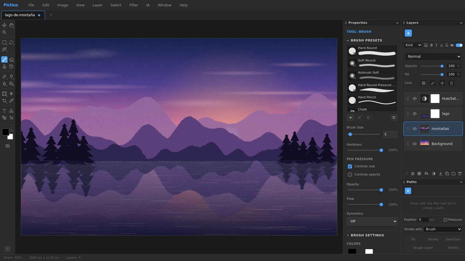 El editor Pictius con un paisaje de montaña repartido en capas, el panel Layers con una máscara de capa y una capa de ajuste, y las opciones de la herramienta